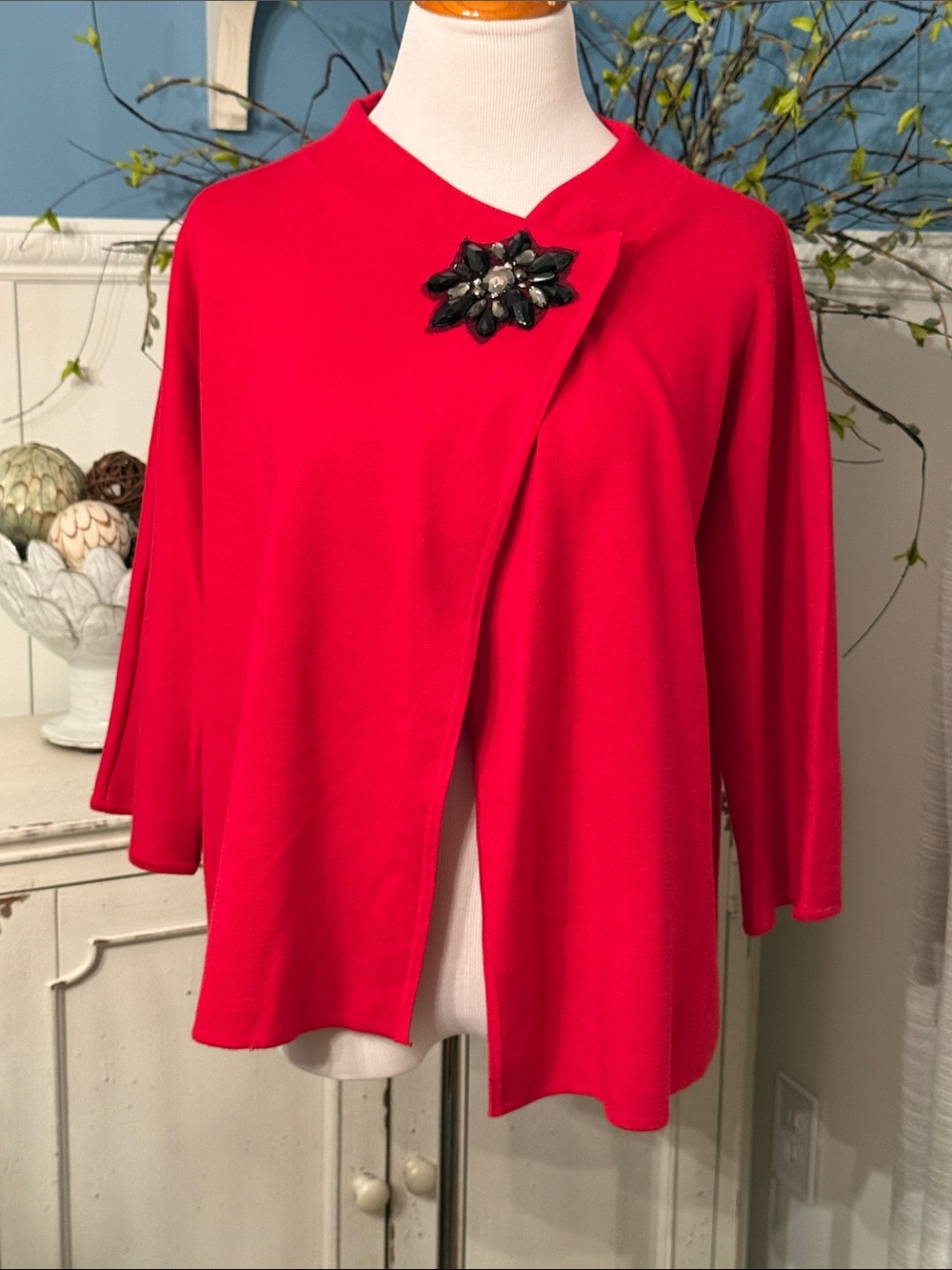 JM Collection Red Open-Front Cardigan with Decorative Brooch